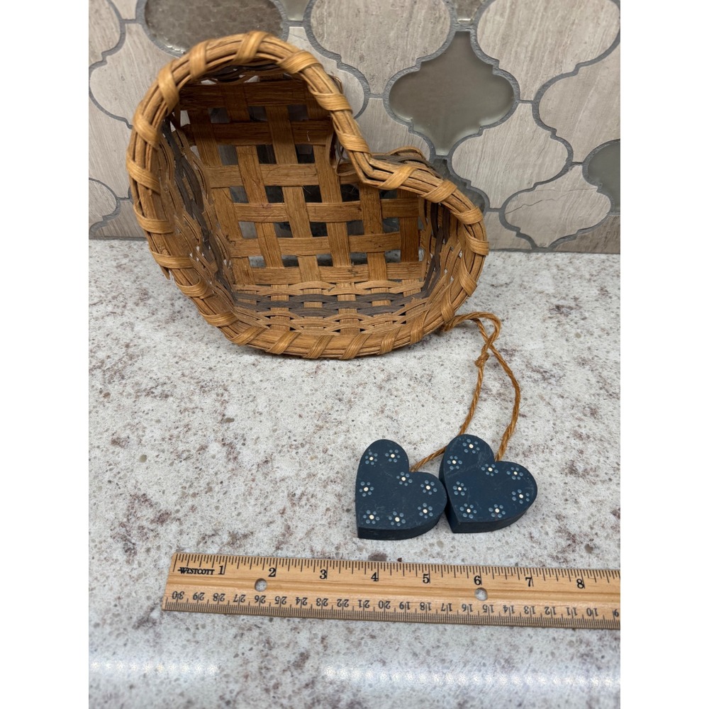 Vintage Heart Shaped Woven Splint Basket with Blue Wooden Heart Charms Farmhouse